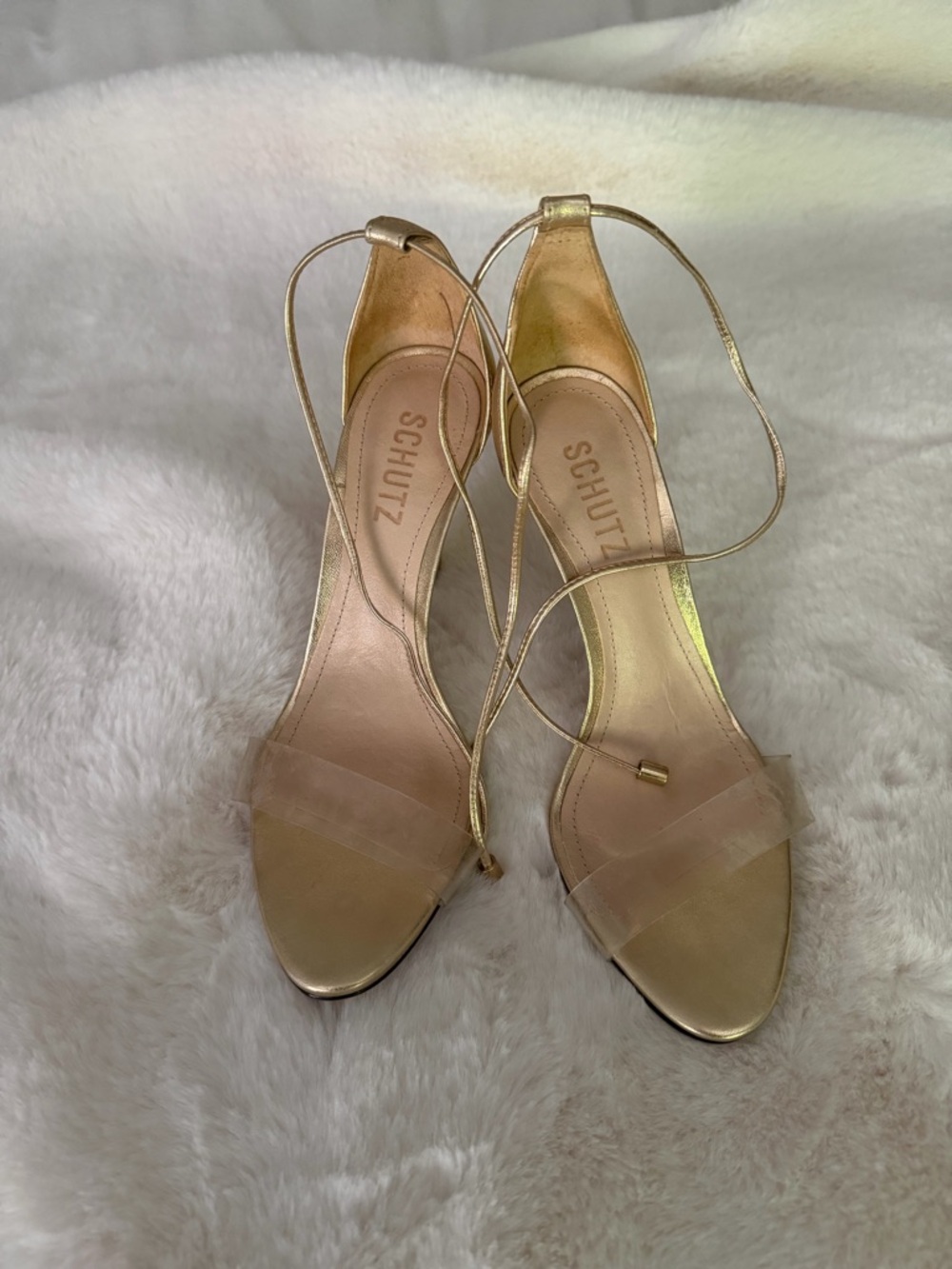 SCHUTZ Gold Metallic Ankle-Tie Stiletto Sandals
